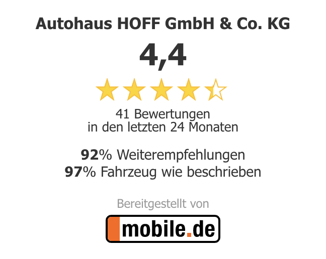 Das Autohaus Hoff wurde in den letzten 24 Monaten von Mobile.de Nutzern Top bewertet.